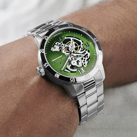 Dante II | Silver-tone Skeleton Watch with Green Dial for Men - Skeleton watches