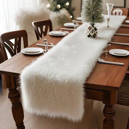 Luksuriøs Hvit Faux Fur Bordløper - Perfekt til Jul, Valentinsdag, Fødselsdager & Bryllup | Elegant Polyesterblanding Dekorasjon til Festbord_TF_TF