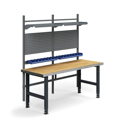 Komplett arbetsbänk TRUST, verktygstavlor, plockbackar, hyllplan, 2000x760 mm, ekparkett