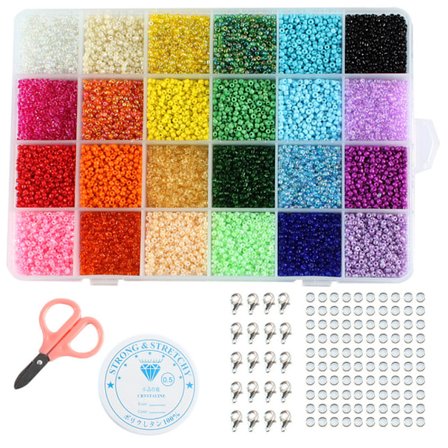selizo 14440 Glasperler og 100 Bogstavperler, 2mm Mini Perler Frøperler med Elastiske Snore, Saks til Armbånd