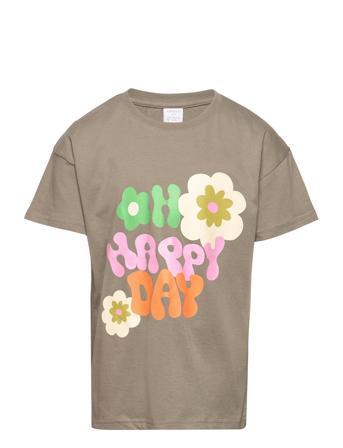 Top Ss Flower Placed Print T-shirts Short-sleeved Beige Lindex*Betinget Tilbud