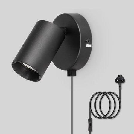 Svart Vägglampa med Sladd och Strömbrytare - Vägglampa med Sladd 350° Roterbar - Vägglampetter för Inomhusbruk - Glödlampa Ingår Ej