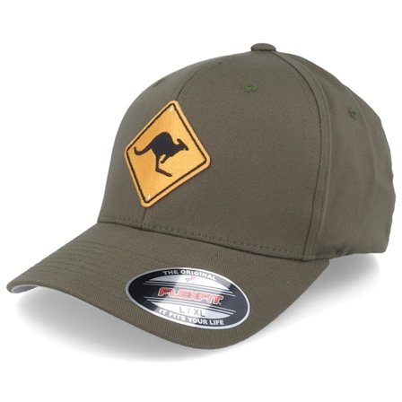 Iconic - Groen flexfit Cap - Caution Kangaroos Sign Patch Olive Flexfit @ Hatstore