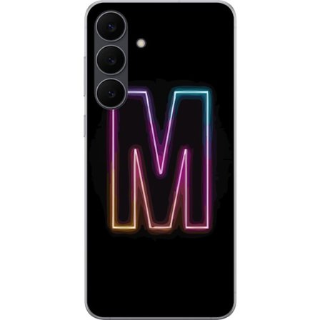 Kompatibelt Mobildeksel til Samsung Galaxy S25 FE Neonbokstav M med fargeskiftende lys effekt mot svart bakgrunn, moderne minimalistisk typografi med