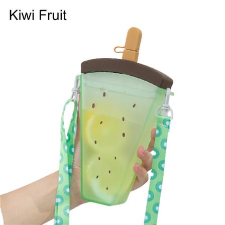 320ml Orange vattenflaska med stor kapacitet Hängband Fruktdesign Vattenmelon Plastrem Halm Vattenkopp för sommar Kiwi Fruit