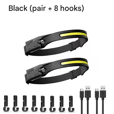 Vedenkestävä otsalamppu, 230° leveä säde, latautuva otsalamppu liikesensorilla, 2 kpl, koukku