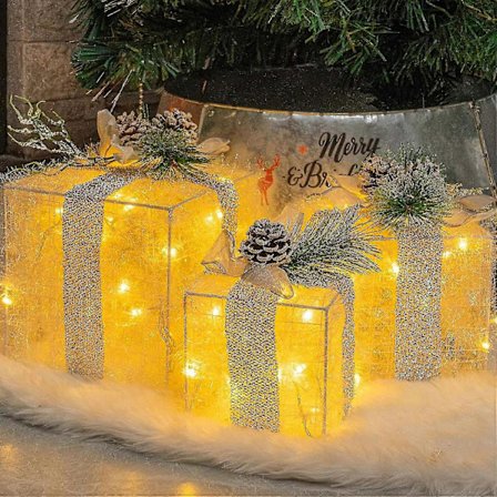 Set med 3 Julbelysta Presentaskar, Förbelysta 60 LED-lampor Presentaskor Dekorationer Utomhus Varm V