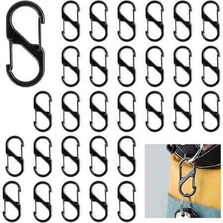 30 S-formede karabinhager, 40 mm mini-karabinhage i aluminium med dobbelt øje til fiskeri, vandreture, rejser, klatring, ferie (sort).