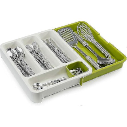 Säädettävä laatikon järjestäjä laajennettavalla aterinlokerolla, valkoinen/vihreä