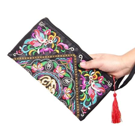 Kvinders Canvas Broderet Clutch Lang Tegnebog Kort Holder Telefon Lomme Pung Taske