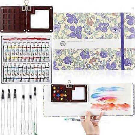 Mini Bærbar Akvarel Palette Sæt 15 Rums Træ Rejse Malerboks med Indbindings Skitsebog til Malere Kunstnere Studerende