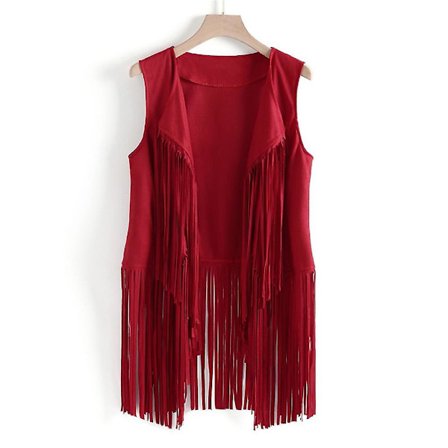 1970'ernes Kvinde Tassel Ærmeløs Vest 70'er Retro Hippie Kunstlæder Frynser Jakke Cardigan Rød