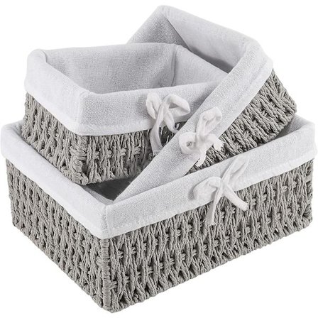 Sæt med 3 grå kurveflettede kurve, håndlavede opbevaringskurve i flet med aftageligt for, dekorative fletkurve til organisering og opbevaring, 3 