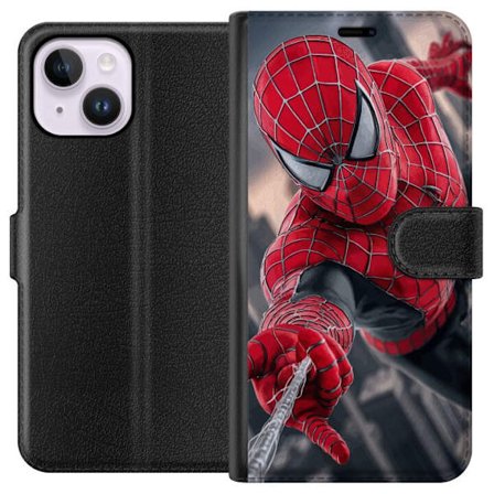 Kompatibelt Plånboksfodral till Apple Apple iPhone 15 Plus Dynamisk Spider-Man-illustration i actionperspektiv, superhjältetema med rörelseekonomi