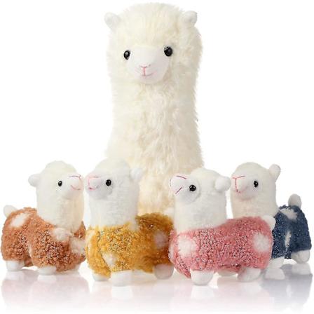 Lama Kosedyr med 4 Små Lamaer Søt Alpakka Plysjsett Kawaii Lama Myk Pute Dukker For Jenter Bursdag Bryllup Jubileumsgaver Hjem Sof
