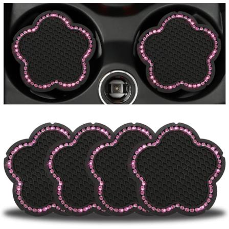 4 stk Bling bilkoppholderputer, 7 cm krystall anti-skli kjøretøy koppholder innlegg matter, bil rhinestone søt plomme blomst mønster auto drikke (rosa