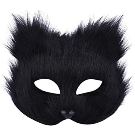 Rævemaske Halloween Cosplay Maske Halvt Ansigt Slør Øjenmaske Lodden Ræve Kostume Tilbehør Dyrefest Kattemasker Black