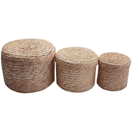 3 stk/sett Håndlaget stråvevd kurv med lokk Organizer boks Vaskeromskurver Kurv i rotting Blomsterkurv