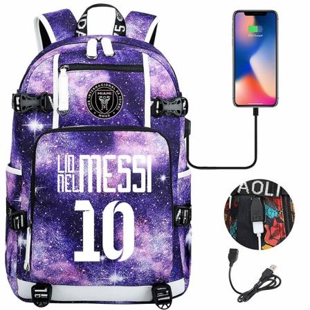 Fotboll Messi Ryggsäck | Rymlig vattentät resväska | Svart skolväska med USB laddare | Perfekt för resor och skola8