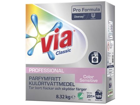 VIA Tvättmedel Pro Formula Color Sensitive 8,32kg - Lyreco - Städ och hygien - Tvättmedel och klädvård - Tvättmedel