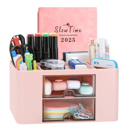 Kreativ og simpel skrivebordsorganisator, 7 rum, plastikbordorganisator med skuffe, multifunktionel skrivebordsorganisator, penholder (pink)