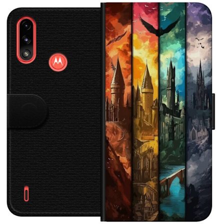 Kompatibelt Plånboksfodral till Motorola Motorola Moto E7 Power Fyra magiska slott i olika elementfärger, episk fantasykonst med eld vatten luft och