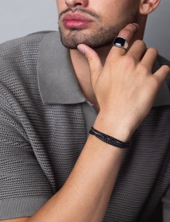 Nialaya Men's Black Wrap-Around Leather Bracelet - Black - M 17 cm