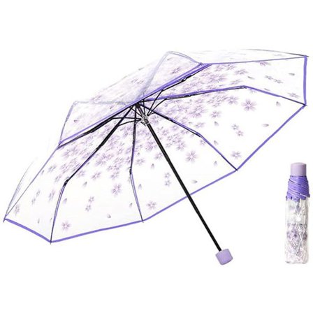 Paraply, Transparent Rejseparaply, Foldbar Manuel Paraply, Sakura Killing 3D Design, PVC Materiale, Triple Bæring, Lilla
