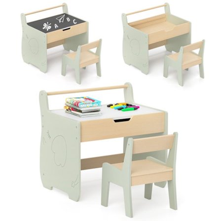 COSTWAY 3 in 1 lasten pöytä ja tuoli, 2 in 1 irrotettava alusta, säilytystila, rullapaperiteline lastenhuoneeseen ja leikkihuoneeseen