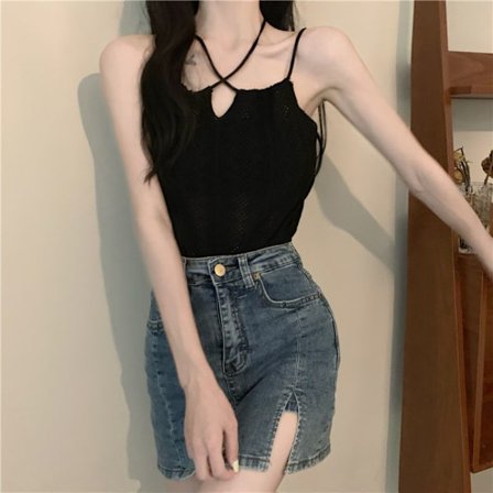 Stickad Sling Hollow Out Topp SVART