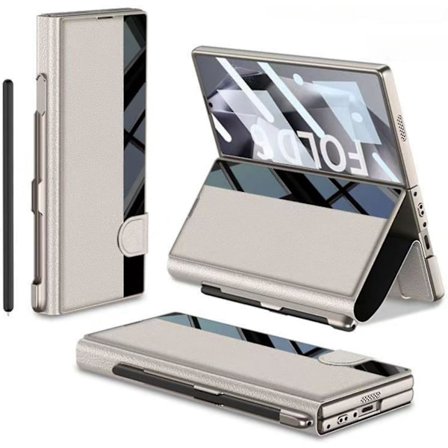 För Samsung Galaxy Z Fold 6 med S Pen-fack, Inbyggt skärmskydd PU-läder Magnetiskt Allt-i-ett-vikbart fodral