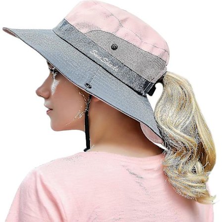 Solhatt for kvinner, utendørs sommerhatt med UV-beskyttelse, bred brem, sammenleggbar fiskehatt med hestehalehull