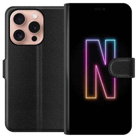 Yhteensopiva Lompakkokotelo Apple Apple iPhone 16 Pro Minimalistinen neonkirjain N värinvaihtuvassa valossa mustaa taustaa vasten