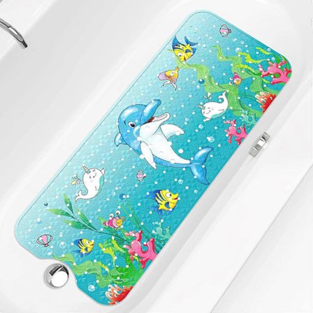 40cm*100cm Skridsikker Bademåtte til Børn - Ekstra Stor Tegneserie Babybademåtte til Badekar, Delfinmønstret Skridsikker Brusemåtte med Sugekopper og 