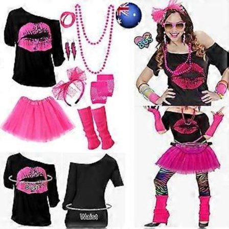 80'er 90'er Outfit Dame 80'er Fancy Dress Kostumer Kvinder med T-shirt Fancy Dress (S Rose rød)