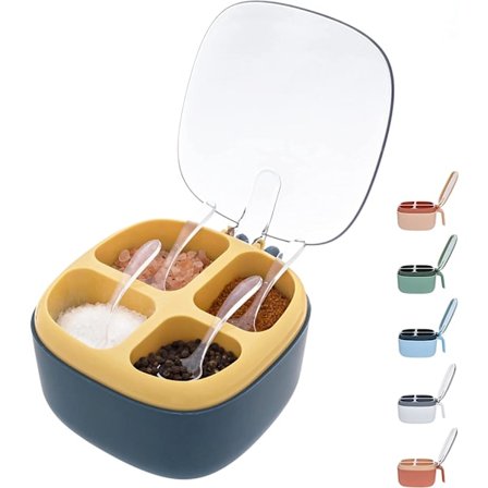 Krydderbokssett med fire skuffer, skjeer og lokk — 4-i-1 plastkrydderboks