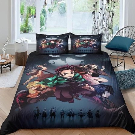 EKENOZ Demon Slayer -peittosetti 3D-vuodevaatesetti Mikrokuitu Animaatio Peittopussilakana Tyynyllä ja vetoketjulla, pehmeä 3 kpl lapsille ja 