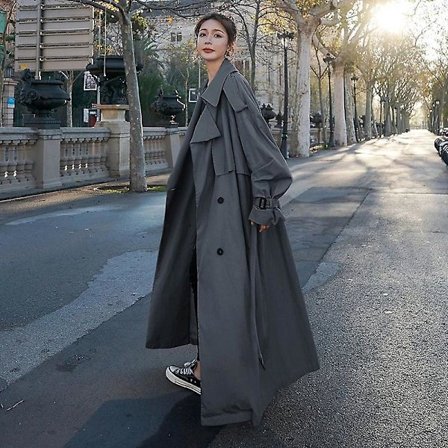 Dame trenchcoat løs oversize lang jakke Dobbeltradet bælte damekappe grå vindjakke