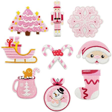 9 stk. Jul Stryk på Applikasjoner for Klær, Jul Brodert Applikasjoner, Vinter Jul Rosa Stryk på Applikasjon, Søt Tegneserie Juletre Snøfnugg DI