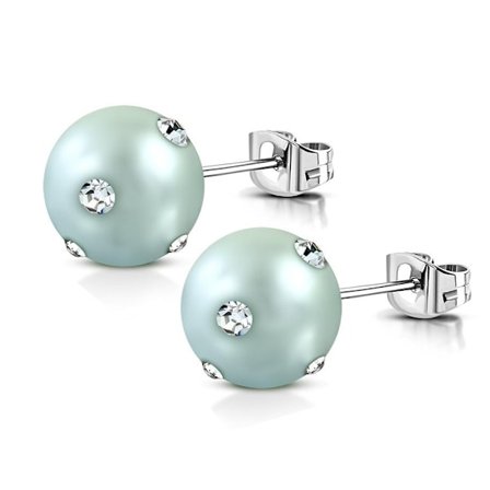 Stiftörhängen Stud Örhängen i Kirurgiskt Stål 316L i Silver Färg med Ljus Turkos Pärla & Klara Cubic Zirconia - 8 mm