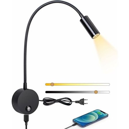 Väggläslampa, LED-sänglampa på vägg med dimbar touch-omkopplare och USB laddningsport, 3W 360° vridbar sängläslampa med stickpropp och kabel för 