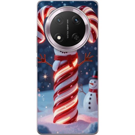 Honor Magic7 Lite Genomskinligt Skal Glittrande julgodis-snögubbe formad av polkagriskäppar som lyser varmt i vinterlandskap med snöfall och festli