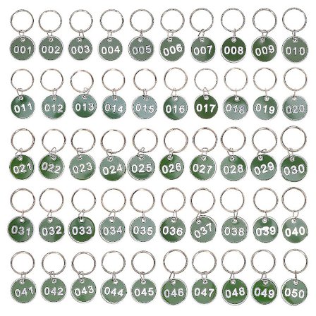 50 stk. nøkkelringer i rustfritt stål med nummererte nøkkelbrikker i metall, nummererte nøkkelbrikker i metall, runde nummererte brikker