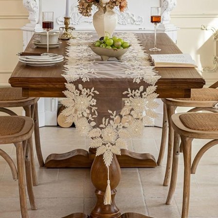 Broderet blonde bordløber med kvaster til indretning 259 cm lang perlebroderi blomster bordløber makrame vintage indretning til stue 40 259 cm)