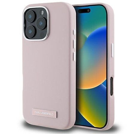Karl Lagerfeld FW metallilevy MagSafe iPhone 16 Pro Max Case - vaaleanpunainen