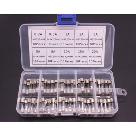 Assortert sett med 100 stk glasssikring, 5x20mm glasspatronsikring, hurtigblåsende