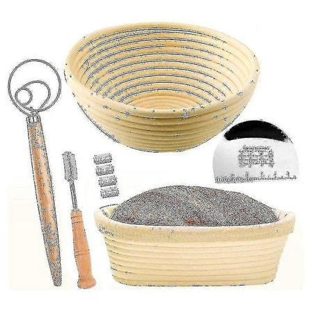 Sett med 2 brødhevingskurver - rund og oval brød bakebolle - brødkniv - deigskrape