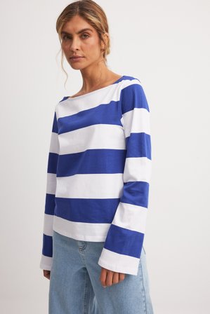 NA-KD Langärmeliges Baumwolltop mit U-Boot-Ausschnitt - Basic Oberteile - Stripe - X-Small
