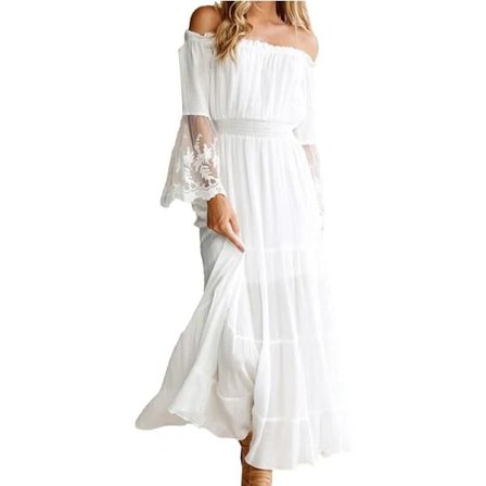 Kvinder Maxi Lang Kjole Off Shoulder Blonde Flare Ærme Elegant Festkjole Boho Kjole Hvid/Sort