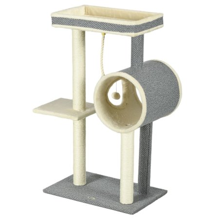 Skrapstolpe 104Cm Med Lekboll & 2 Liggplatser Kattträd För Katter Upp Till 5 Kg, Sisal, Grå